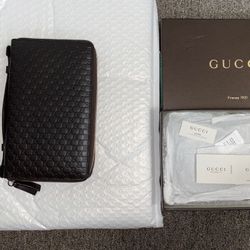 Gucci Dark Brown Leather Micro GG Travel Double Zip Around Long Wallet Italy NEW IN BOX 100% Authentic 