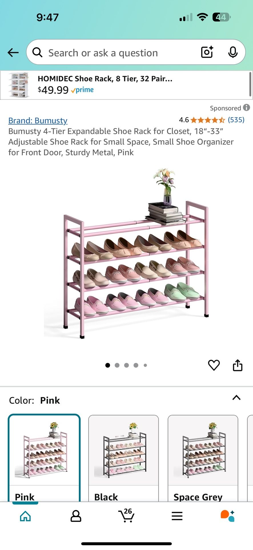 Bumusty 4-Tier Expandable Shoe Rack for Closet, 18“-33” Adjustable Shoe Rack for Small Space, Small Shoe Organizer for Front Door, Sturdy Metal, Pink