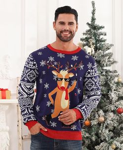 Ugly Chritsmas Sweater for Mens Funny Reindeer Snowflake Xmas Knit Sweatshirt Casual