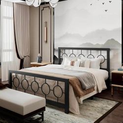 Queen Oriental Vintage Style Metal Platform Bed