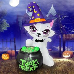 5Ft Halloween Inflatables Cat with Witch Cauldron Decoration, Blow Up Yard Decor Halloween Yard Inflatables Build-in LED Lights fo Lawn Party Garden O