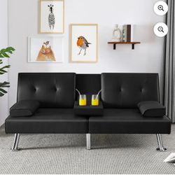 Yaheetech Modern Faux Leather Convertible Futon Sofa Bed with Cup Holders, Black