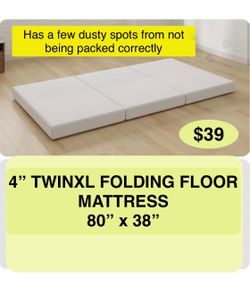 4”  Trifold Mattress, Twin XL Folding Mattress for Indoors, RV/Camper Van, Travel, Camping, Guest Room  HAS A FEW SPOTS FROM NOT BEING PACKED CORRECTL