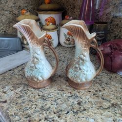 Mid Century, Vintage McCoy ceramic pottery Water Pitchers /Vases Hand Painted Set Of Two 1940s retro decor