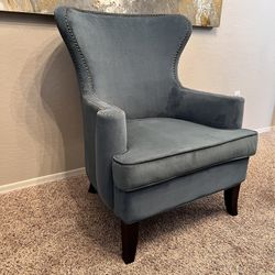 COST PLUS Teal Blue Grey Chenille Accent Chair With Brass Nail Head Design - Velvet Wingback Chair