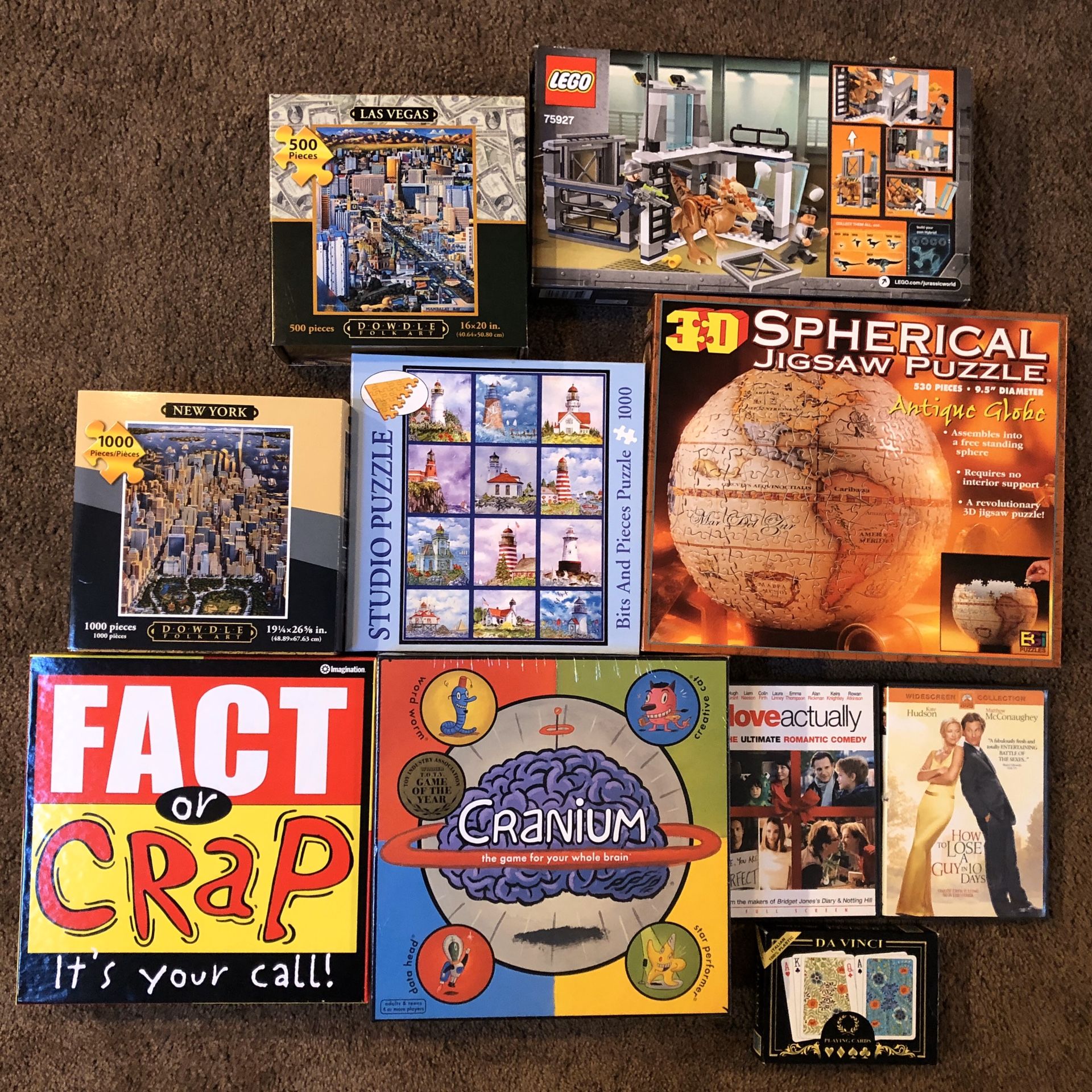 Legos, board games, puzzles, DVDs