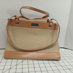 Preston York Vintage Womens Handbag Tote Tan Light Brown Canvis Leather
