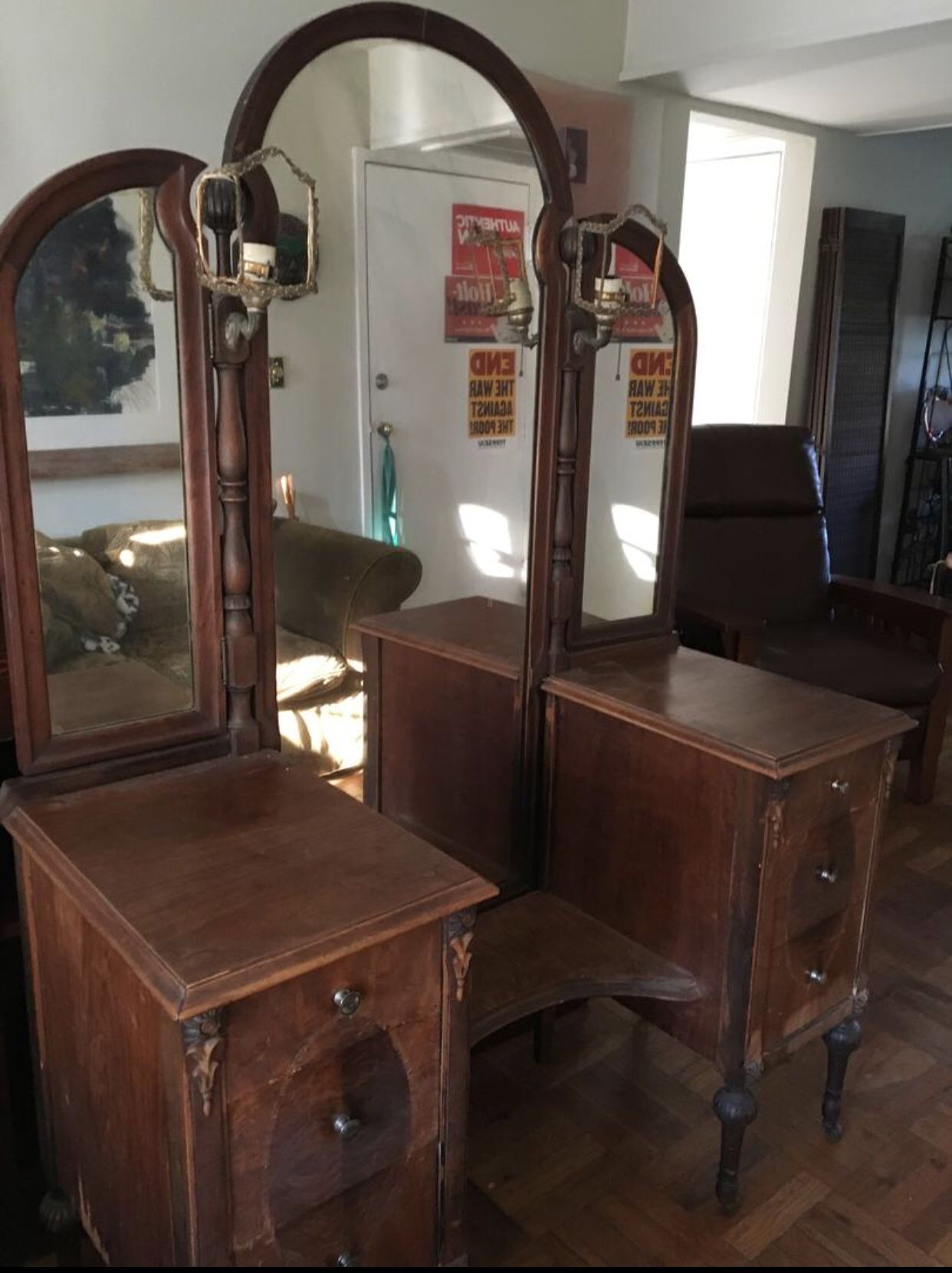 Antique vanity with triple mirror and lights - cca 1920