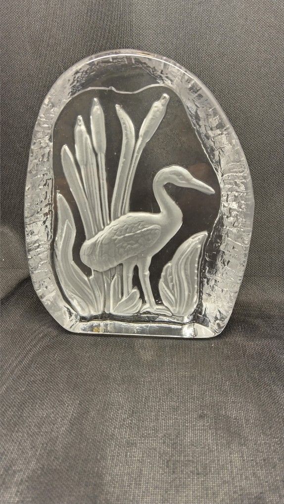 Vintage Crystal Paperweight Light Catcher Of Heron In Reeds Etched West Germany Goebel Company
