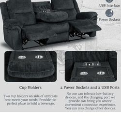 3 Seater Manual Recliner Sofa Couch,Home Theater Seating with Double Reclining, Drop Down Table, Cup Holders,USB Ports, and Power Socket

