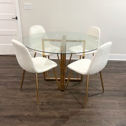 White Gold Round Glass Dining Table with 4 Chairs