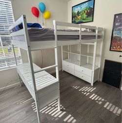 Full Size Wood Loft Bed with Desk & Storage (White) – Pre-Assembled