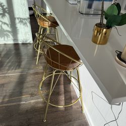 Set of 2 Modern Gold Bar Stools with Faux Leather Seats