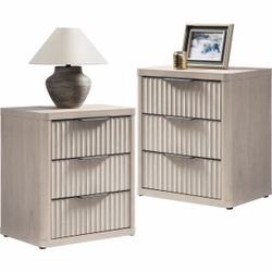 Set of 2 Fluted Wood Nightstands – 3-Drawer, Large Capacity