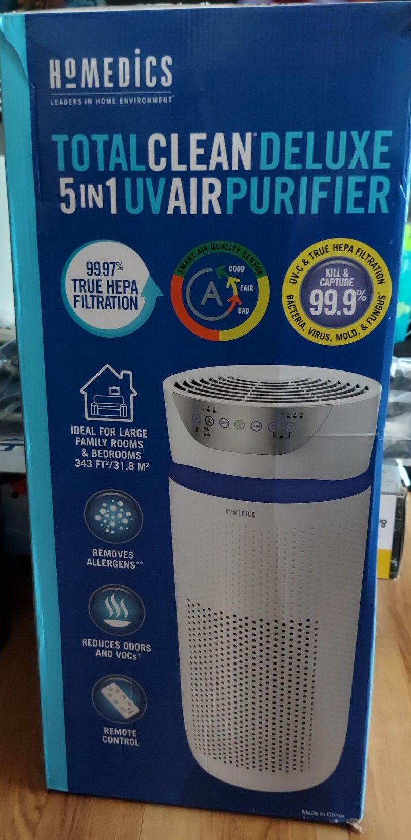 Homedics Air Purifier, TotalClean Deluxe 5-in-1 Tower Air Purifier with UV-C Light for Home and Office, 360-Degree True HEPA Filtration for 1,659 Sq F