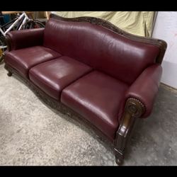 Hand Carved Wood And Leather Couch 