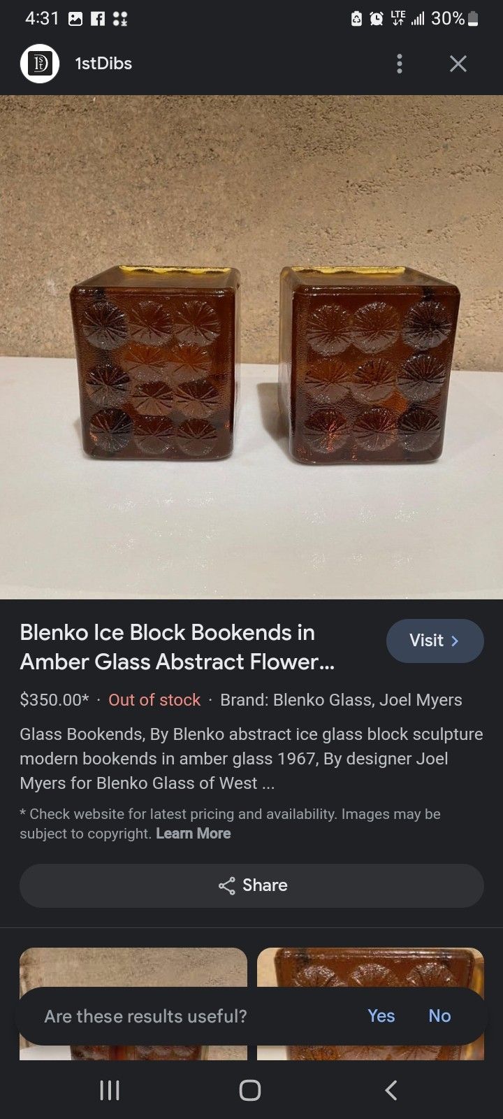 Amber Glass Bookends Vintage 