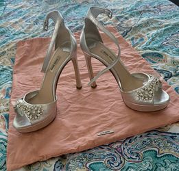 Miu Miu Silver Leather Crystal Embellished Platform Ankle Strap Sandals Size 38 1/2