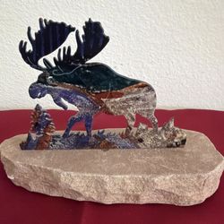Lazart Metal Art Sculptures Moose on Sandstone Base Reversible 7”x5.5” Vntg