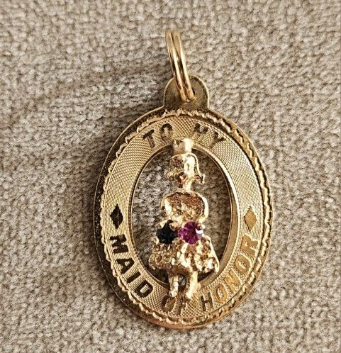 BRIDESMAID 14K YELLOW GOLD PENDANT MEDALLION WITH TWO STONES 1.5gm.