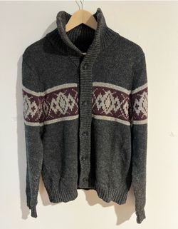 GAP Dark Gray Shawl Collar Cardigan with Maroon Fair Isle Band