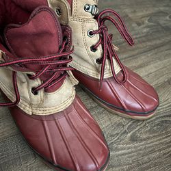 Lands’End Boots Low Red & Tan Leather Fur Flannel Lining