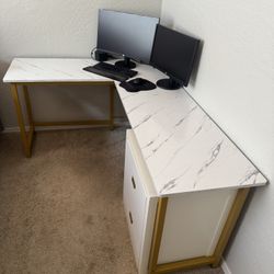 Modern L-Shaped Marble Top Desk - Excellent Condition