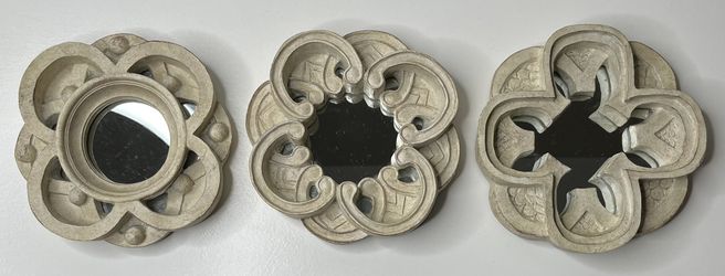 Vintage Ornate Round Framed Mirrors Wall Decor Off White Heavy Resin Set Of 3