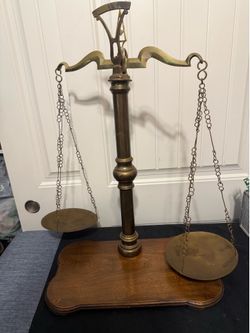 Vintage Brass Scale With Wooden Base