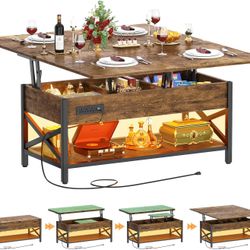 Coffee Table Lift Top with LED Light and Power Outlet, Multi-Function Coffee Table Converts to Dining Table, Center Table with Shelves for Living Room
