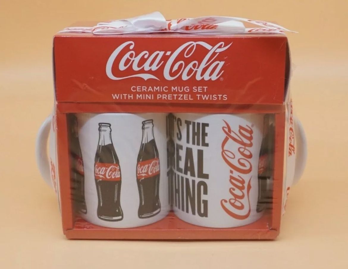 Coca Cola Collectible Ceramic Mugs Set with Mini Pretzels NEW Sealed $15