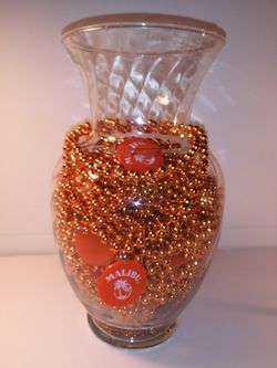Orange (52) Malibu Alcohol Advertisement New Orleans Mardi-Gras Beads/Clear Vase