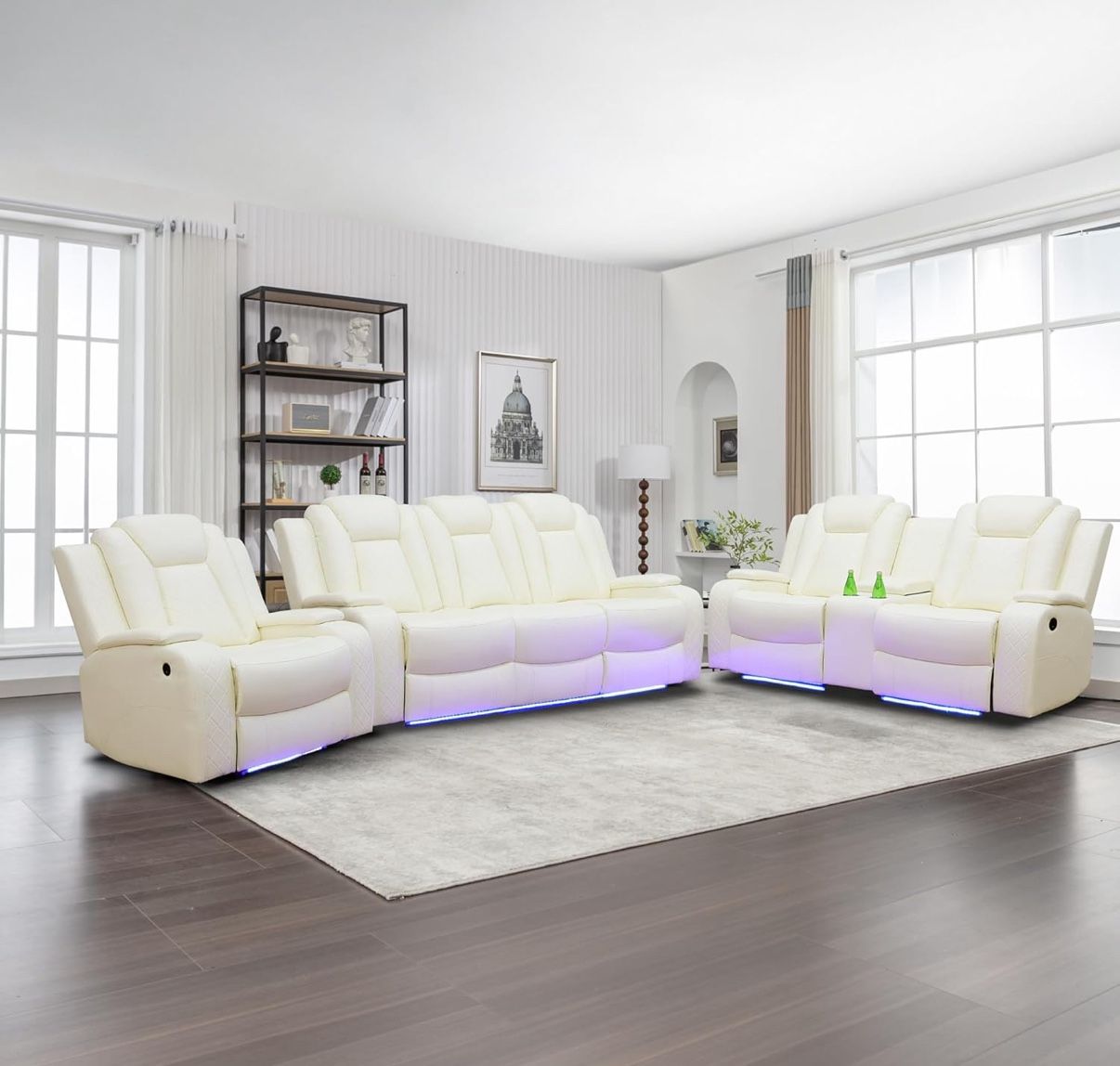 White Leather Power Reclining Couch Set