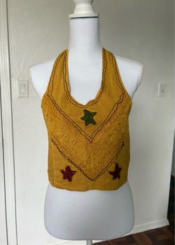 Caribbean women’s mustard embroidered halter cropped top one size