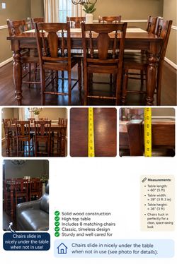 Solid Wood High Top Dining Table Set with 8 Chairs