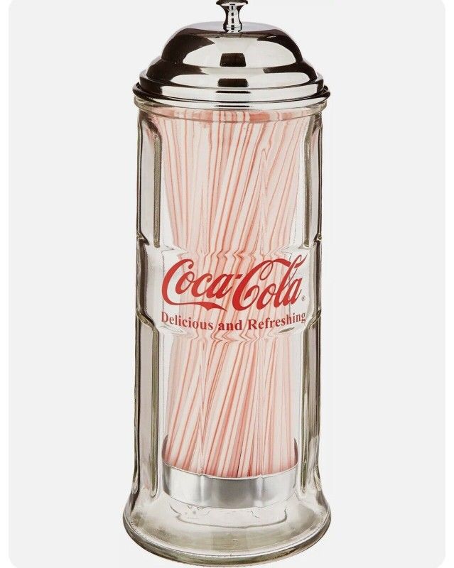 Vintage Coca Cola Diner Style Glass Straw Dispenser With Straws And Coca Cola Musical Polar Bear Drinking Mug Both Never Used Located In Palm Springs 
