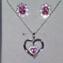 Sterling Silver Necklace And Earring Set With Diamonds And Pink Stones