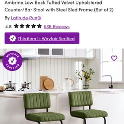 Velvet Upholstered Counter Stools with Steel Sled Frame (Set of 2)