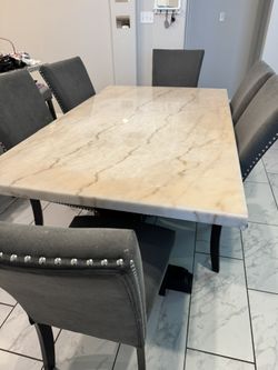 White Marble Dinning Set 6 Chairs- Mirror Entertainment Center