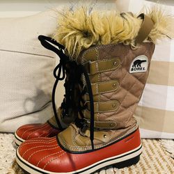 Women’s Sorel Tofino Joan Red/Brown Waterproof Faux Fur Winter Boots Size 7