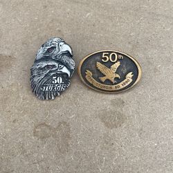 2 Pins, 1 is Harley Davidson 50th Anniversary Pin The Other Is 50th Anniversary Double Eagle Pin