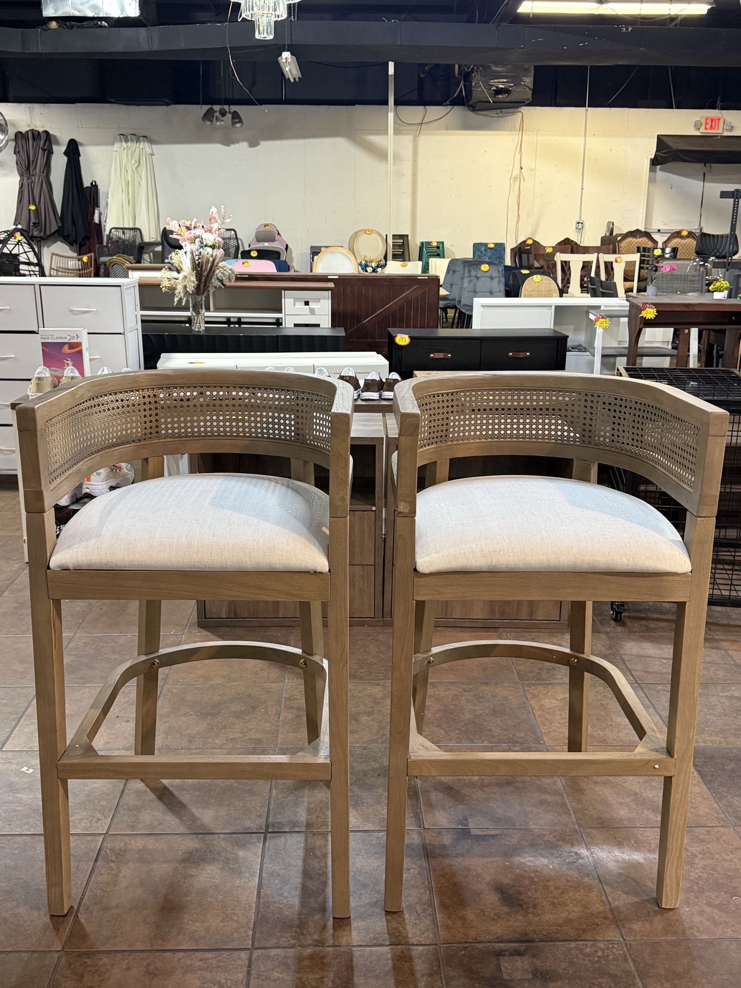 🔥Set of 2🔥Solid Wood and Fabric Upholstered Bar Stools with Rattan Backrest Footrest (Beige Plus Light Ash ) 💰199$