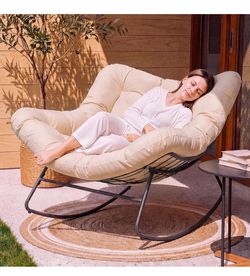ONBRILL Outdoor Papasan Rocking Chair, 450 lbs Oversized Comfy Patio Chair, Beige