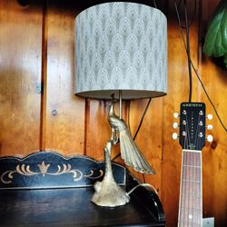 Brass Peacock Lamp and with Cream and Gold Shade