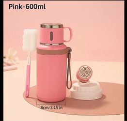 JOIN HANDS 600ml Stainless Steel Insulated Vacuum Flask Pour Lid Handle Pink