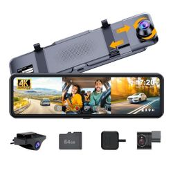☆ 3 Channel Mirror Dash Cam with Front 4K, in-Cabin & Rear 1080P Cameras, Enhanced Night Vision, G-Sensor & Parking Monitor, 64GB Card Included, Tripl