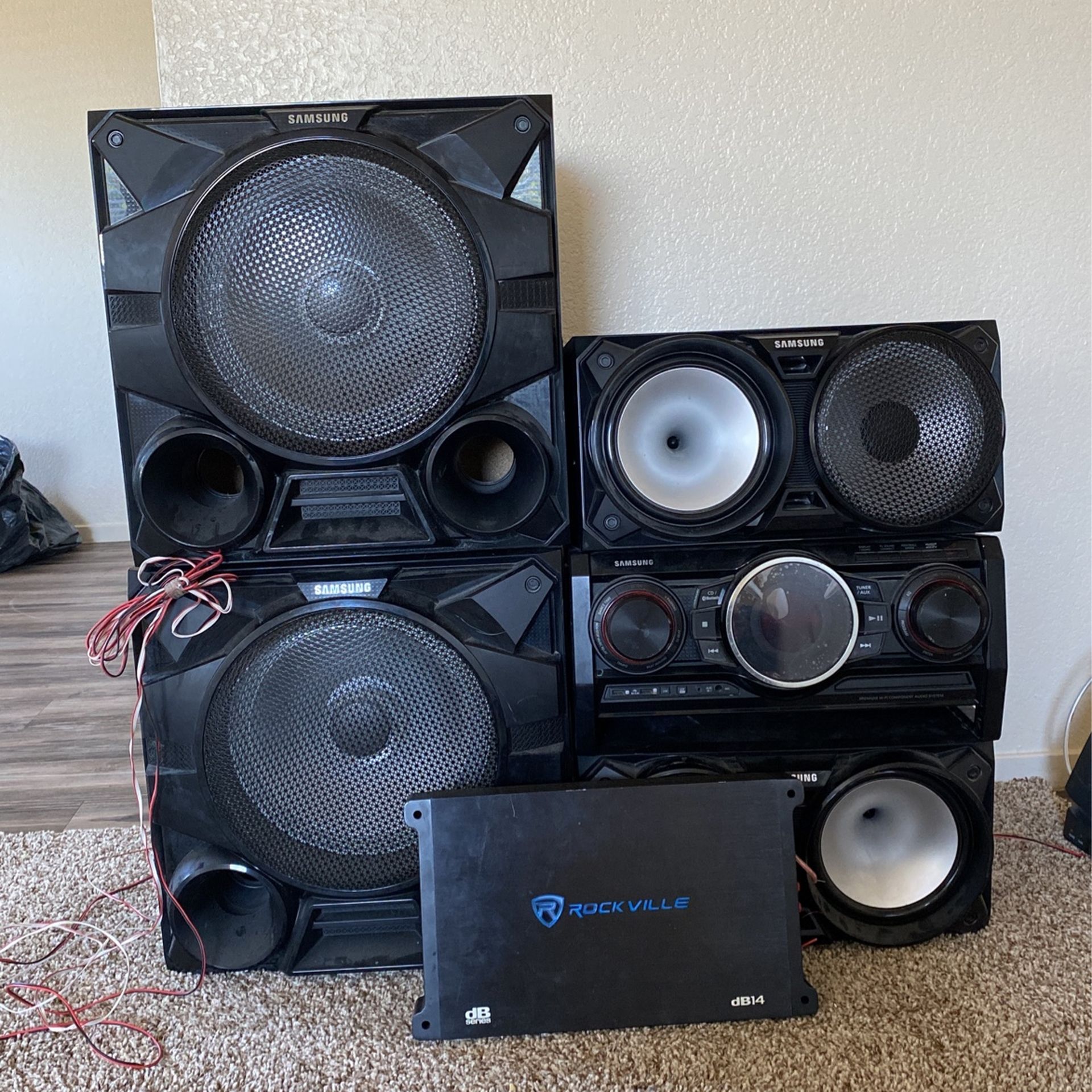 Samsung Speakers and Rockville Amplifier dB14 4000 Watts for Sale in