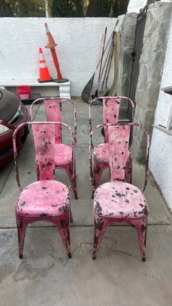 set of four, vintage decorative rustic farm house metal chairs