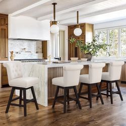 Dycanpo 26'' Swivel Bar Stools Set of 4, Upholstered Barstool with Footrest for Kitchen,Beige-Fabric