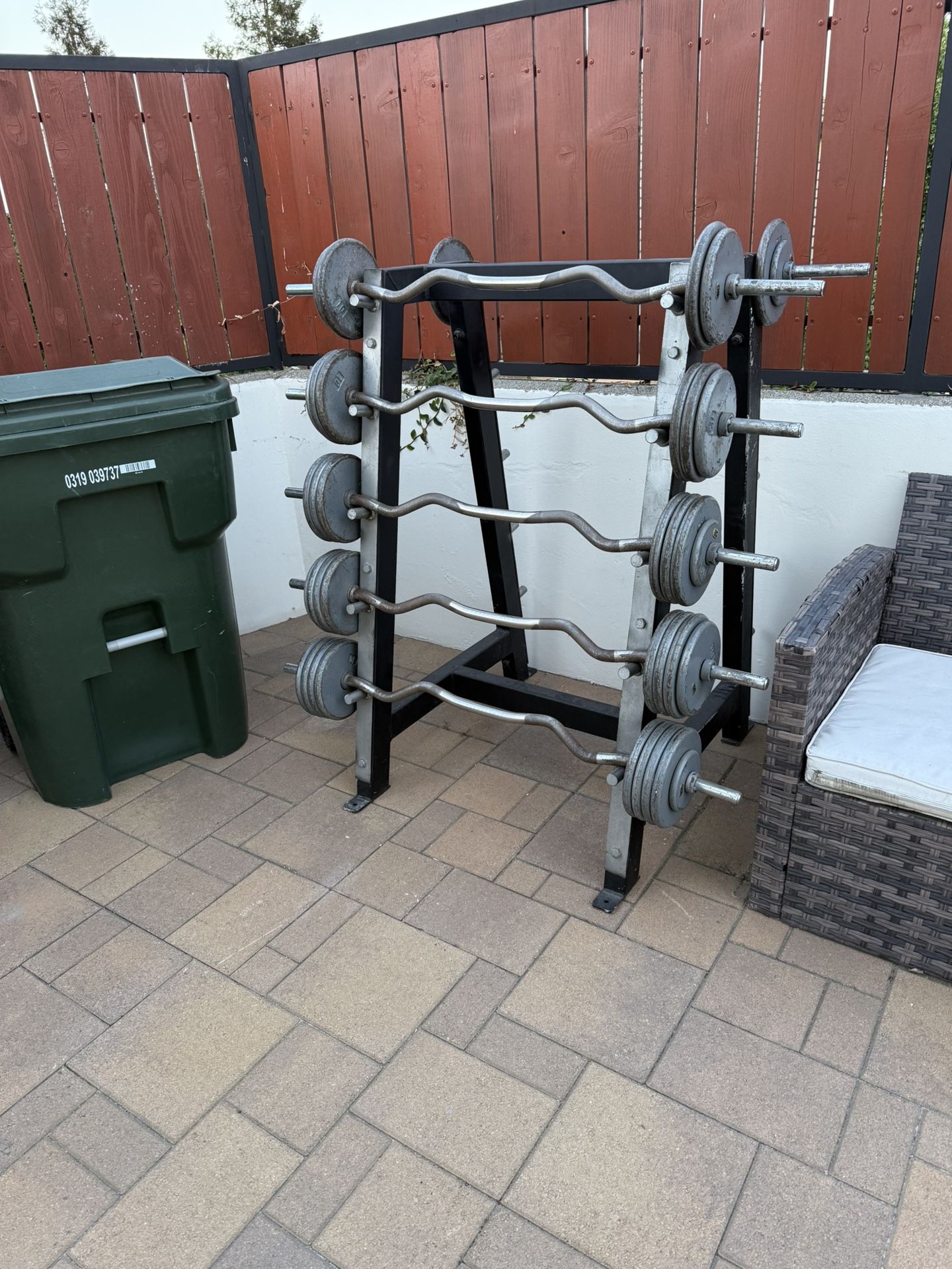 Set Of Curling Bar Weights & Rack With Adjustable Bench
